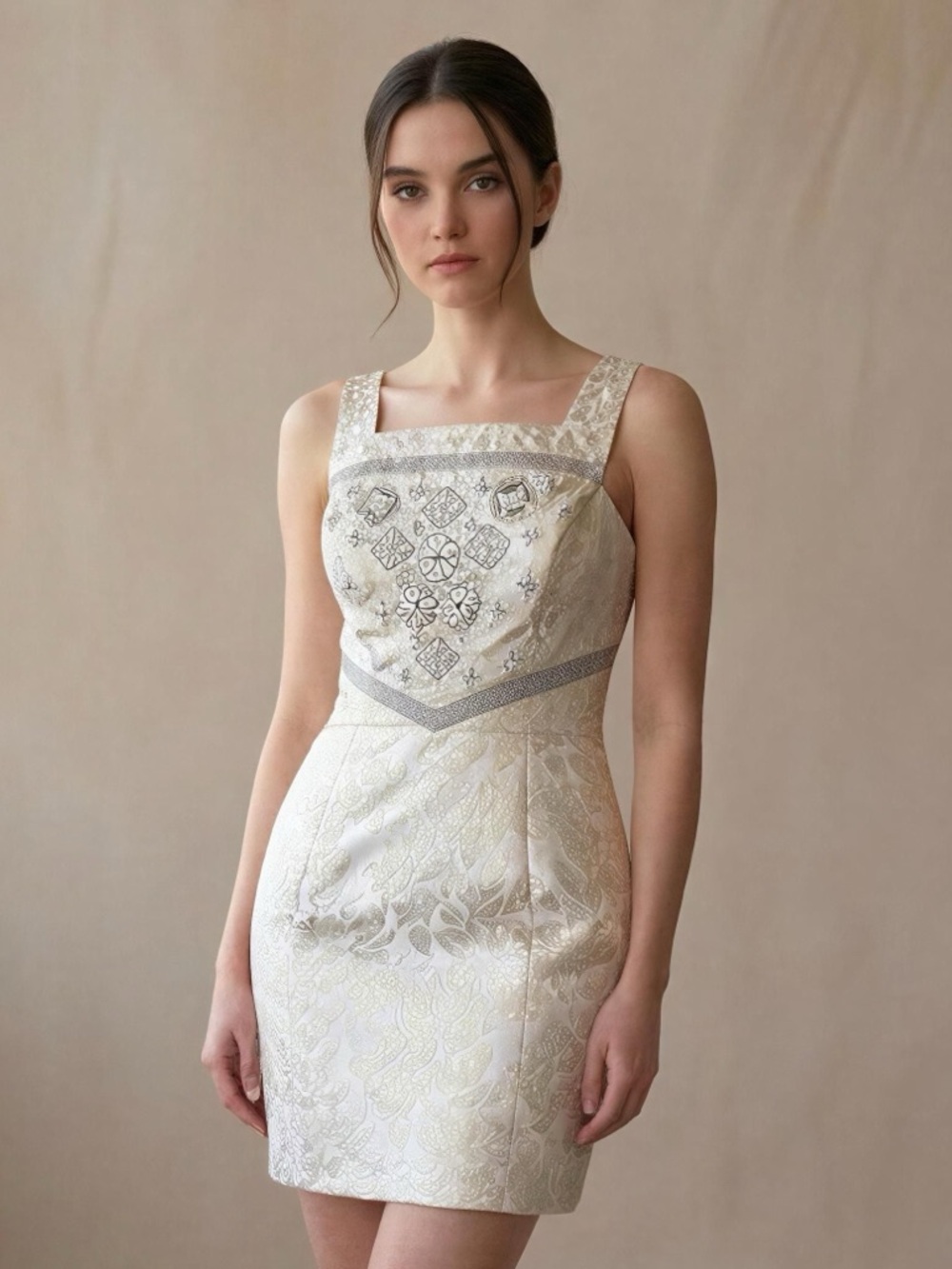 Phoebe Cream and Silver Embroidered Brocade Midi Dress Size 6